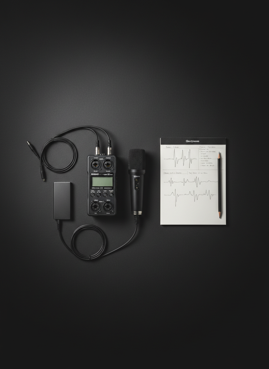 An artistic overhead view of a sound designer’s desk arranged with precision on a dark, matte surface: a portable field recorder with XLR inputs, a small shotgun microphone, neatly coiled balanced cables, a sleek external SSD, a slim notebook with waveform sketches, and a pencil aligned perfectly along its edge. All objects are in monochrome or muted tones, emphasizing form and texture over color. Soft, diffused top lighting creates gentle, shadowed contours and a subtle vignette around the frame, keeping focus in the center. Photographic realism with a minimalist, editorial aesthetic, ideal as a portfolio section background. The mood is meticulous and calm, suggesting methodical preparation for capturing film sound and building a sonic palette.