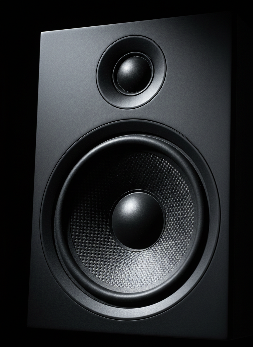 A moody, close-up macro shot of a studio monitor’s woofer and tweeter, rendered in high-resolution photographic realism. The speaker baffle is a smooth, matte charcoal surface with finely beveled edges, while the woofer cone reveals subtle woven fiber texture under the light. A narrow beam of cool, directional light grazes across the drivers from the upper left, creating a sharp highlight on the cone’s dust cap and a soft falloff into darkness at the edges. The background is completely out of focus and nearly black, isolating the speaker as an icon of critical listening. Framed tightly and off-center, the image feels modern, minimal, and suitable as a graphic motif for a sound design brand.