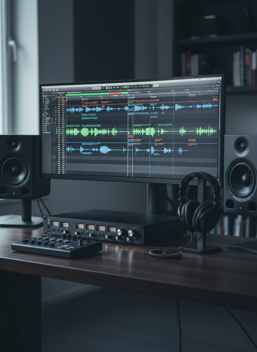 A meticulously organized film sound design workstation in photographic realism, featuring a matte-black audio interface, dual studio monitors, and a large ultrawide screen displaying a detailed film timeline with waveforms and color-coded audio tracks. The desk is a clean, dark wood surface with a compact control surface and a closed-back reference headphone resting neatly on a stand. Soft, diffused cool-toned light from an unseen window gently illuminates the equipment, creating subtle reflections on brushed metal and rubberized knobs. The background falls into a smooth, dark blur, emphasizing clarity and focus. Shot at eye level with a shallow depth of field, the composition feels minimal, precise, and professional, reflecting a high-end film mixing environment without any visual clutter.