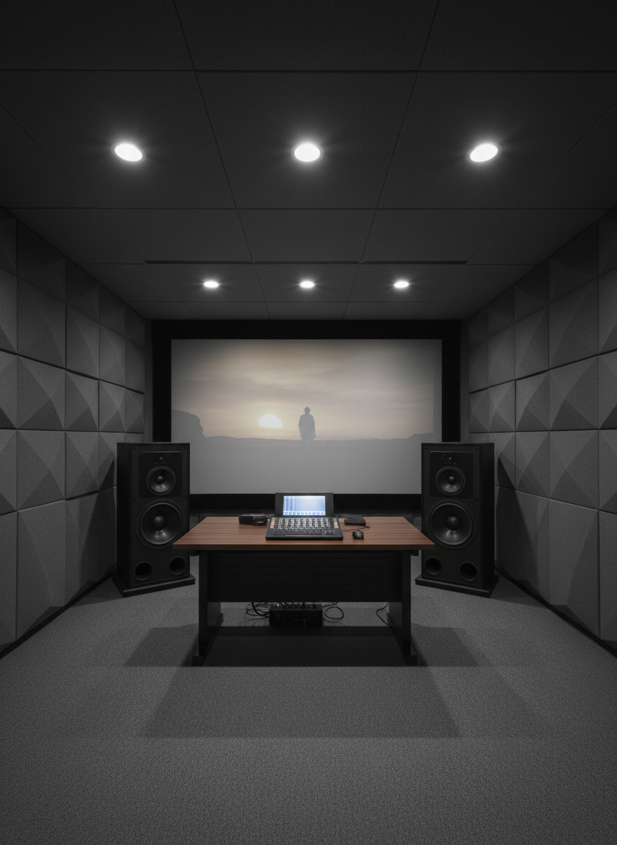 A dedicated film re-recording mix room captured in photographic realism, seen from the rear looking toward a large, neutral-gray projection screen frozen on a film still. In front of the screen sits a clean, dark mixing desk with a compact control surface, keyboard, and a pair of substantial front speakers. Side walls are lined with understated broadband absorbers and bass traps in charcoal fabric, forming a symmetrical, geometric pattern. The only light comes from dimmable recessed ceiling fixtures, creating a soft halo over the console and leaving the rest of the room in gentle shadow. Shot with a wide-angle lens, sharp focus throughout, the composition feels balanced, cinematic, and deeply focused on the listening sweet spot.